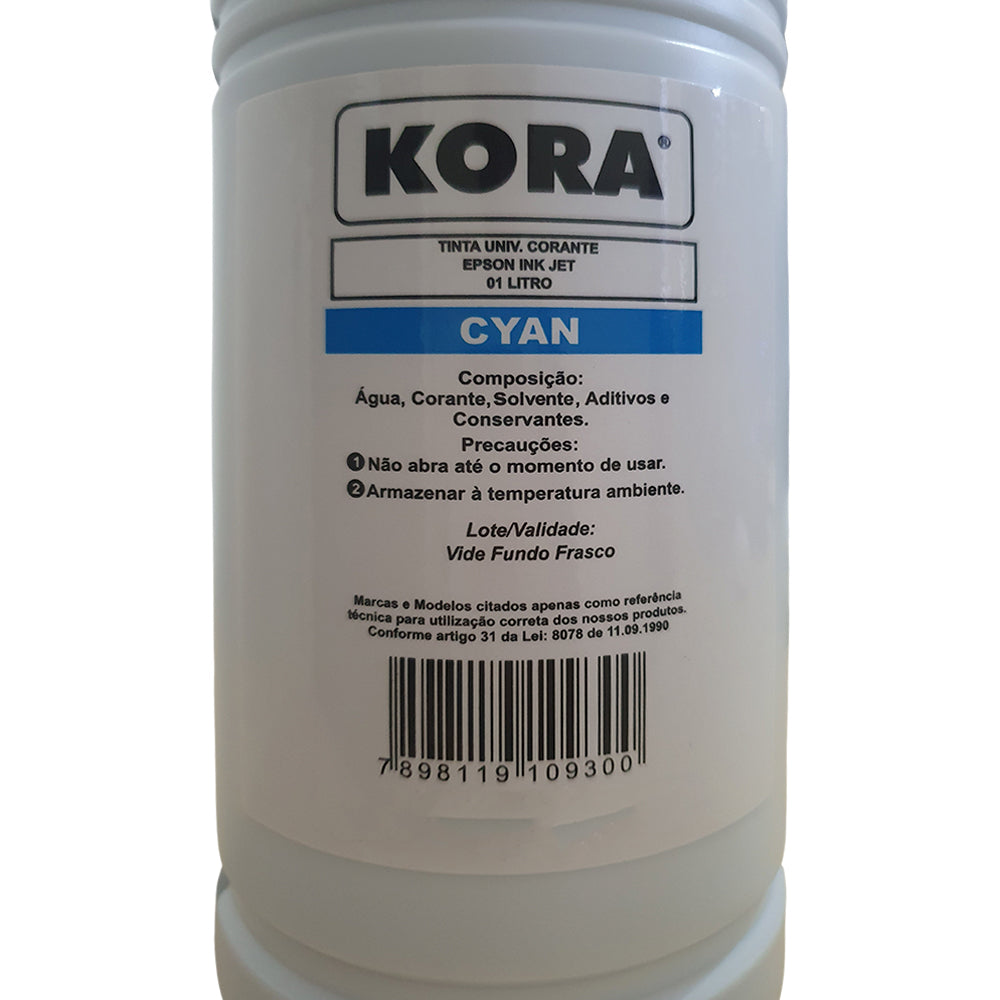 Litro de Tinta Kora Epson Universal Corante Ciano, CY, Compativel Com Epson L3150 L3250 L355 L365 L375 L395