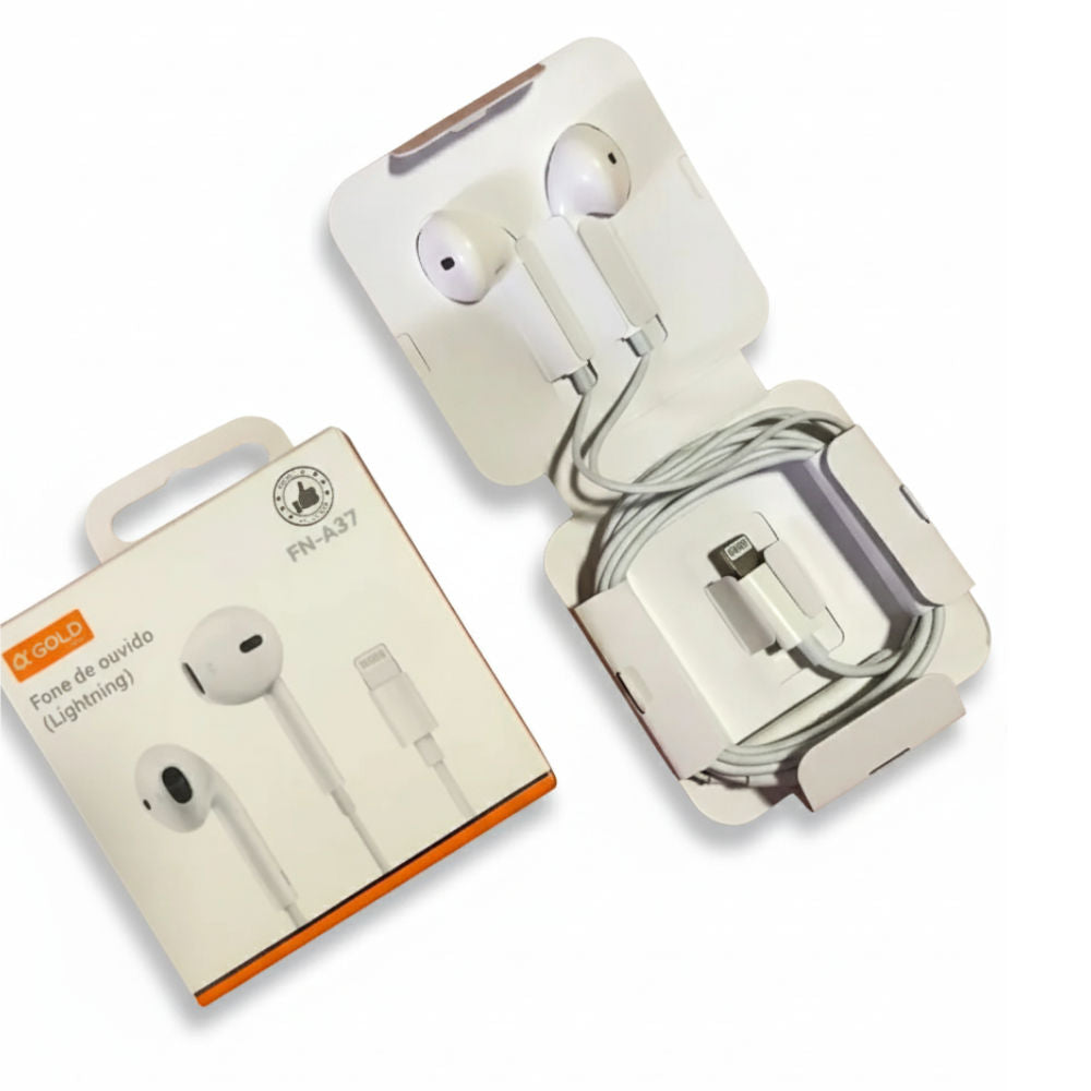 Fone De Ouvido Stereo, Lightning, para iPhone, com Microfone, Fio 1.2 Metros, A'Gold, FN-A37 - Branco