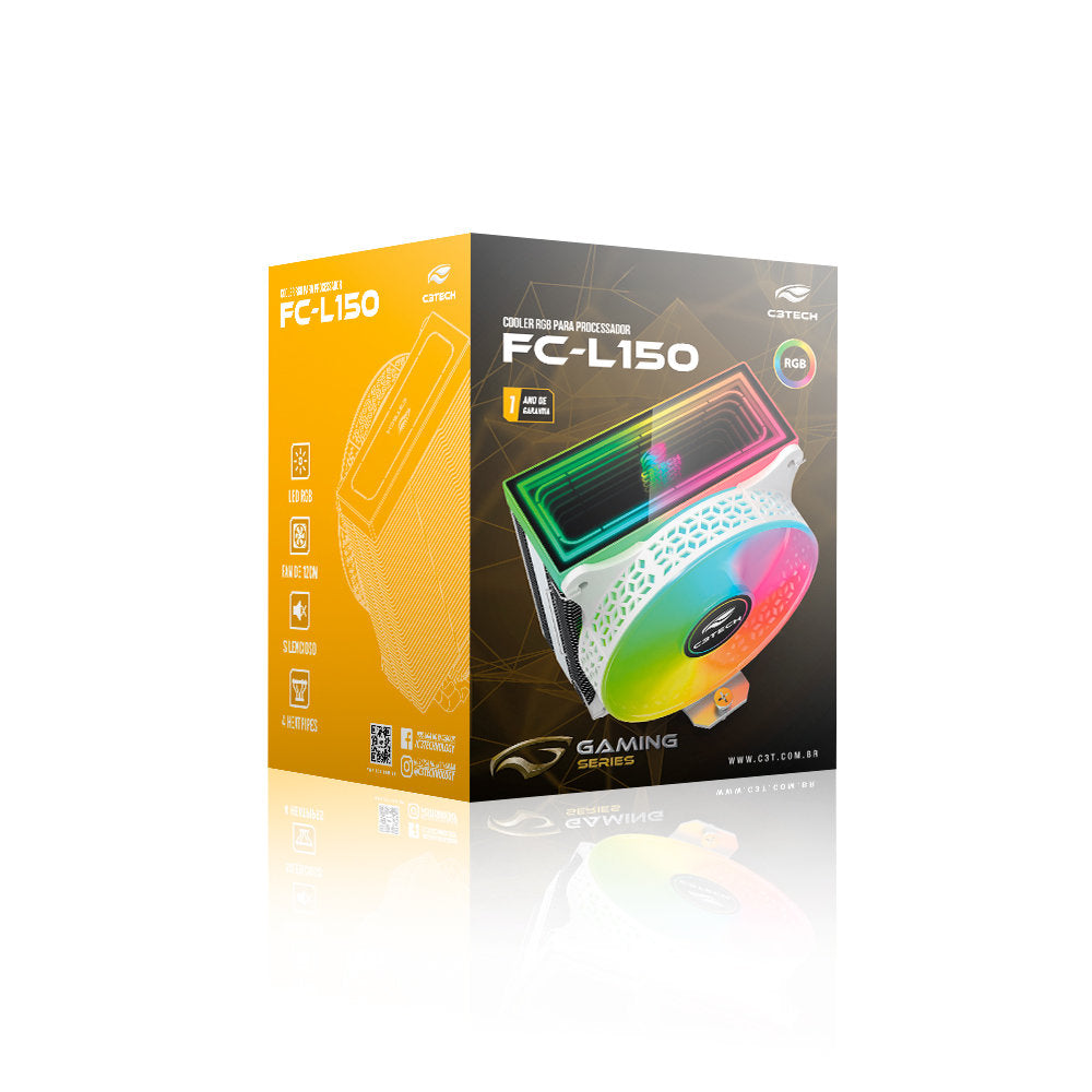 Cooler Fan CPU FC-L150RGB C3Tech, 120mm, 4 Heatpipes, RGB Espelho Infinito, 1600RPM, 50CFM, Intel/AMD - Branco