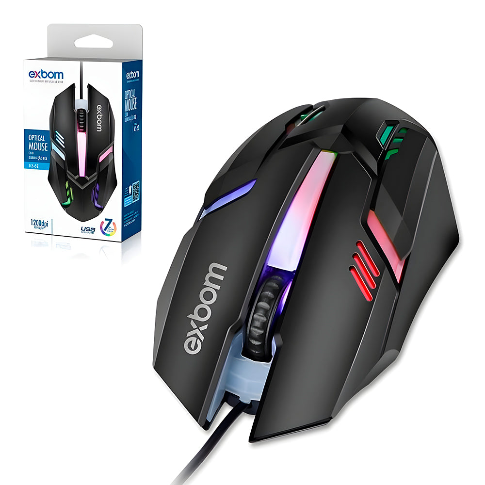 Mouse Gamer USB, 1.200 DPI, LED RGB Multicores, 4D Fighter, Preto, Exbom - MS-62