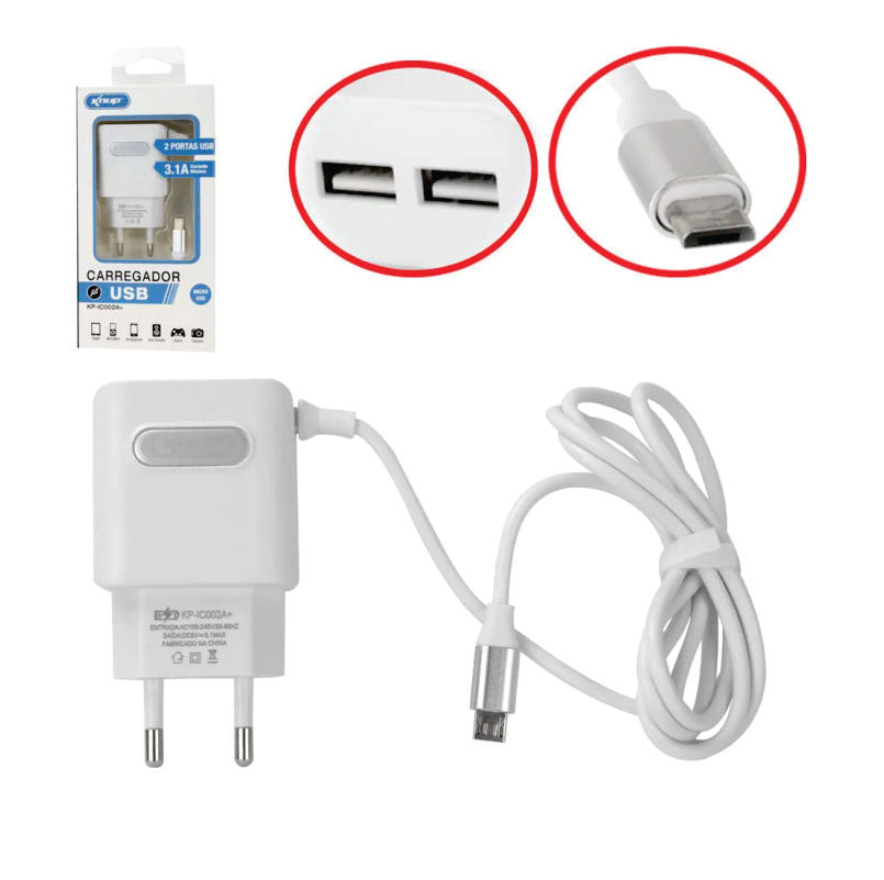 Carregador de Celular + Micro USB (V8) 3.1A KP-IC005A+ - Knup