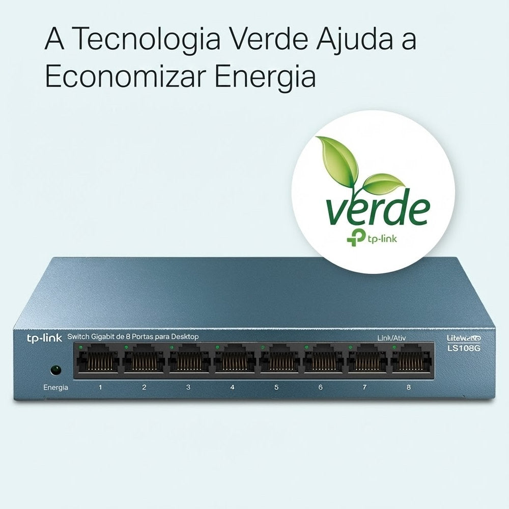 Switch TP-Link LS108G Gigabit 8 Portas 10/100/1000 Mbps Mesa Case Metal LiteWave Plug & Play Não Gerenciável