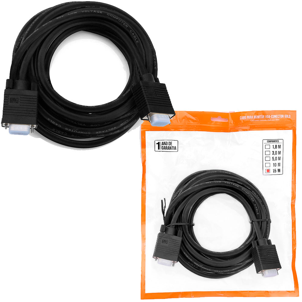 Cabo VGA x VGA 15 Metros, Com Filtro Anti Interferência, Plus Cable - PC-MON15001