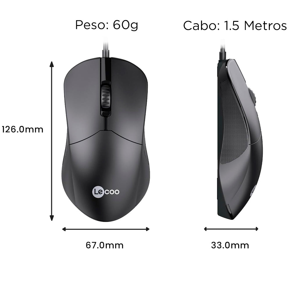Mouse Com Fio USB, Lenovo Lecoo, 1.200 DPI, M1102, Ambidestro, Preto