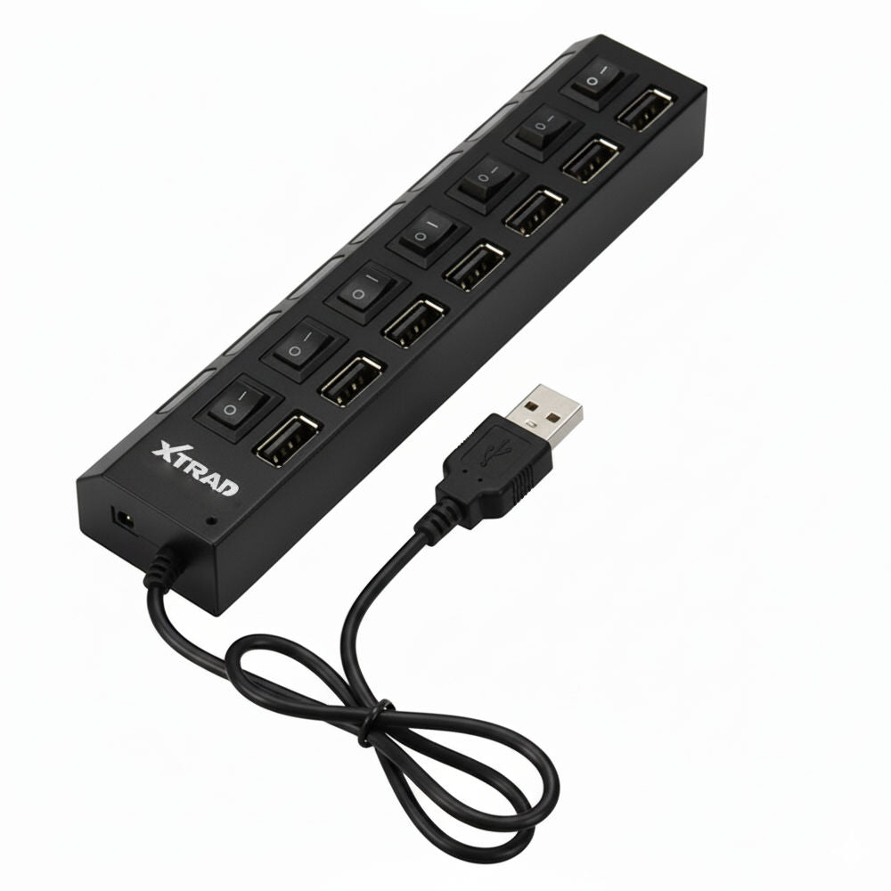 Hub USB 2.0 com 7 Portas, LED Indicador e Interruptores Individuais – Xtrad XT2067 Preto (Suporte até 500GB)