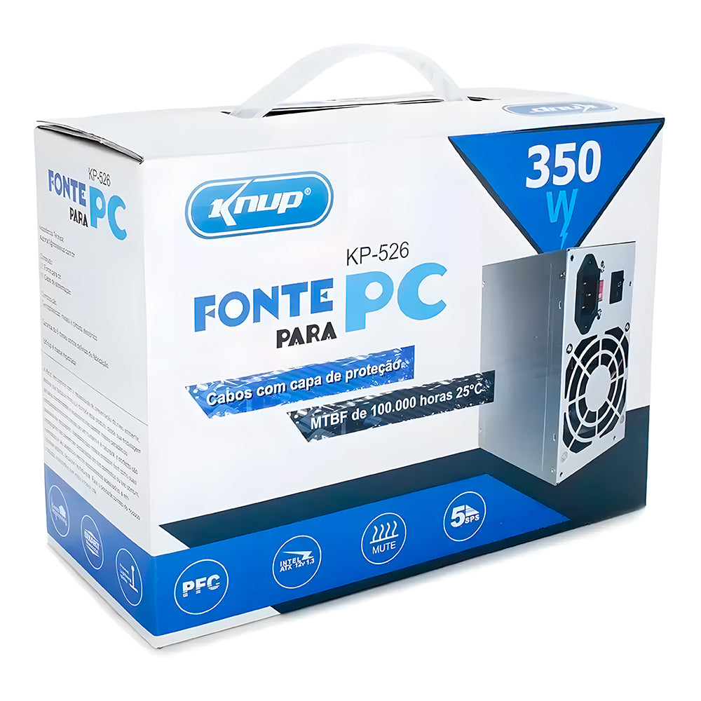 Fonte ATX 350W Real Knup KP-526, Bivolt Manual, Cooler 80 mm Ultra Silencioso, Proteção OVP/OCP/SCP, Com cabo