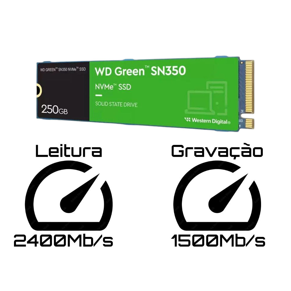 SSD WD Green SN350 250GB M.2 2280 NVMe, Leitura até 2400MB/s, Gravação até 1500MB/s – WDS250G2G0C