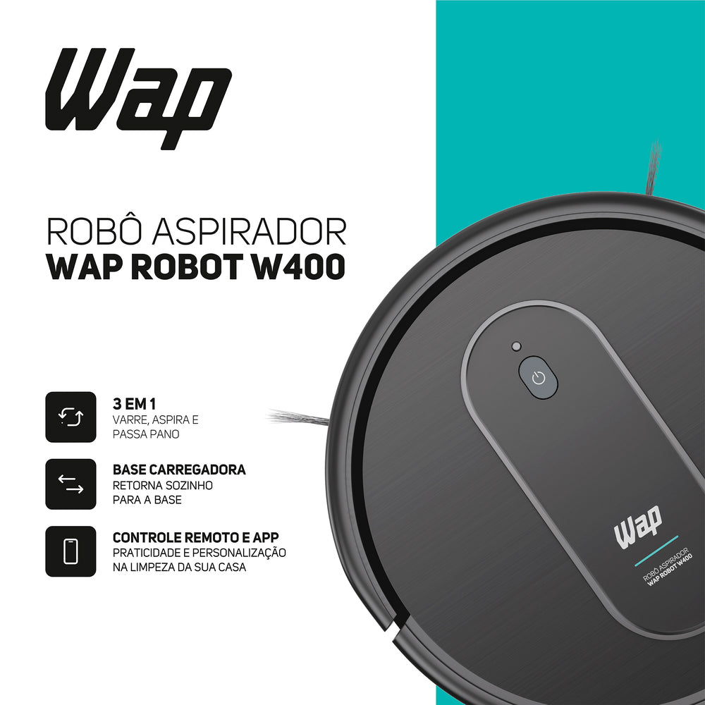 Aspirador de Pó Robô ROBOT WAP W400 3 em 1, Automático, 300ml, Compatível com Assistentes de Voz, 30W 10,8VDC Bivolt