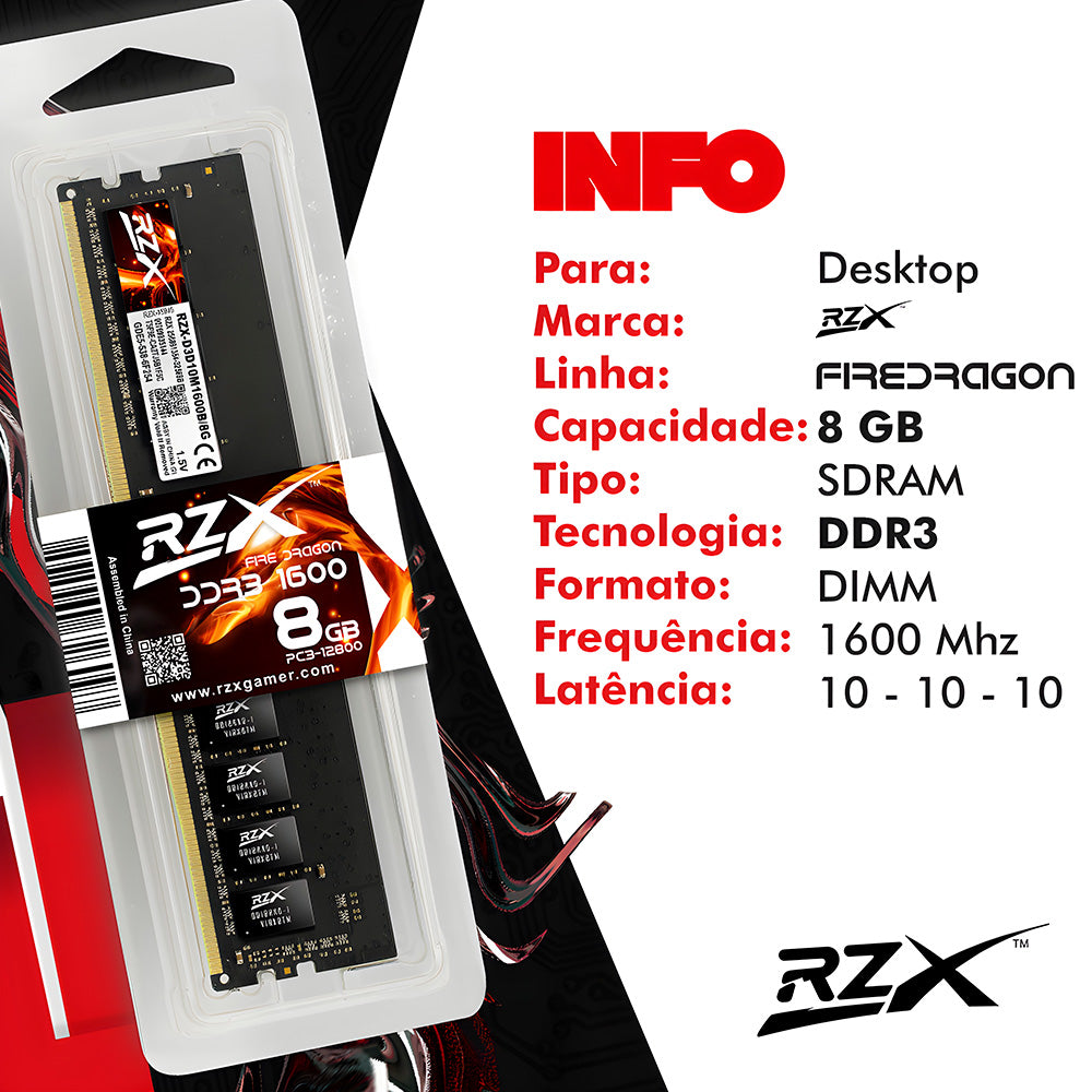 Memória RAM Gamer Desktop 8GB 1600MHz 1.5V DDR3 FireDragon - RZX
