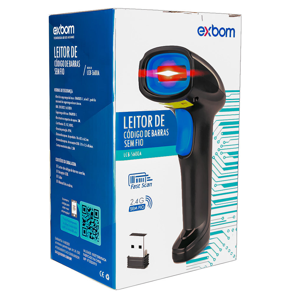 Leitor De Código De Barras Sem Fio Wireless 2.4ghz Com Bateria 1800mah, Exbom LCB-S600A