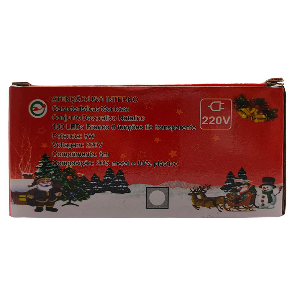 Conjunto 100 LEDs Branco, Pisca-Pisca, 8 Funções, Fio Transparente, 8 Metros Comprimento, 5W, 220V, 85201