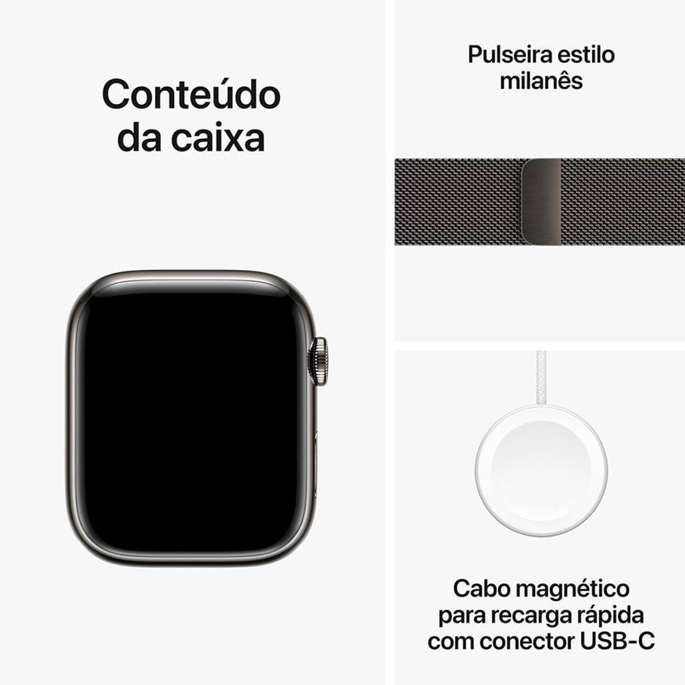 Smart Watch Apple Series 7 GPS + Cellular, Caixa em Aço inoxidável Grafite de 45mm, Com Pulseira Estilo Milanes, Grafite