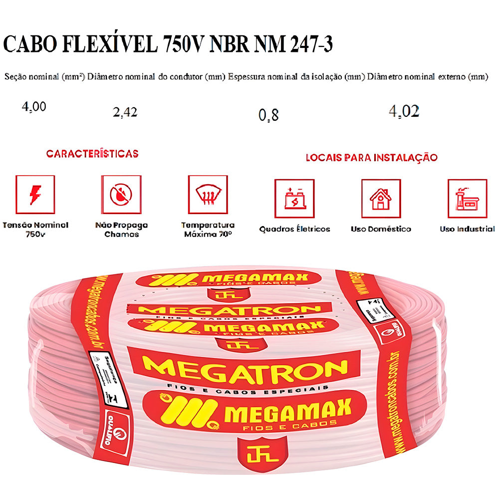 Rolo 100 Metros Cabo de Energia Flexível 4,0mm, 750V, Megatron - Vermelho