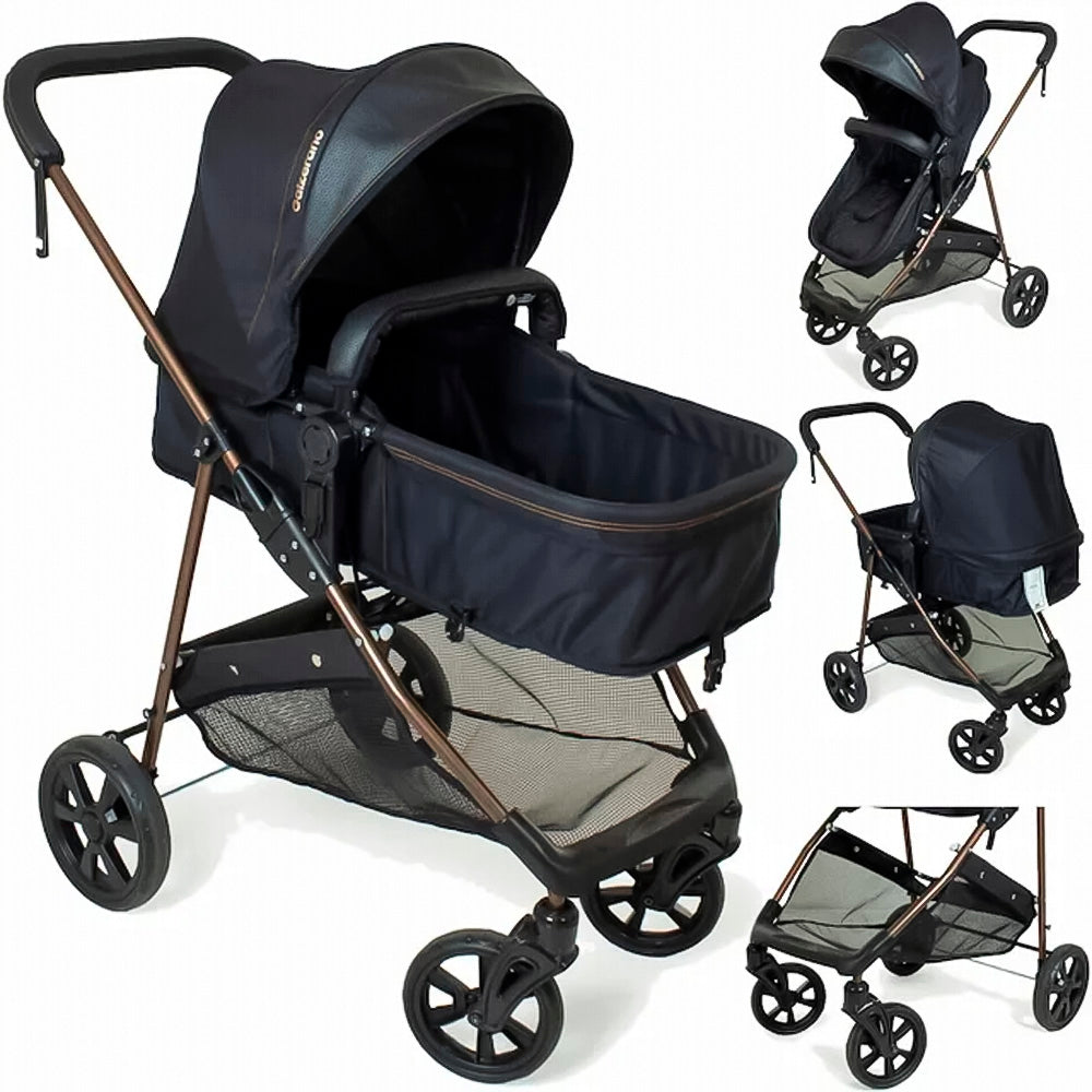 Carrinho de Bebe Infantil, Com Berço de Passeio Moises Reversível e Bebê Conforto Base Auto Napoli Galzerano, Preto