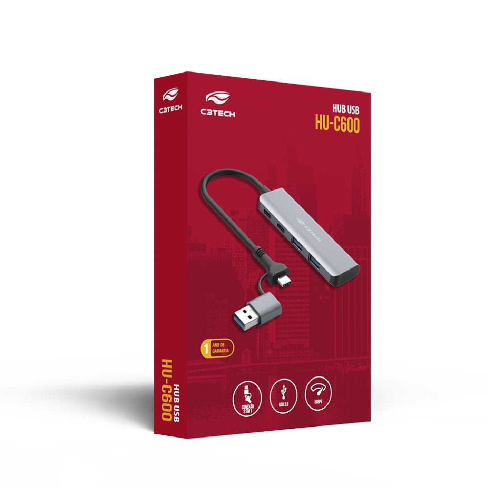 HUB USB com 4 Portas C3Tech HU-C600GY, Entrada USB-A e C Reversivel, 2 Portas USB-A e 2 Portas USB-C, Cinza