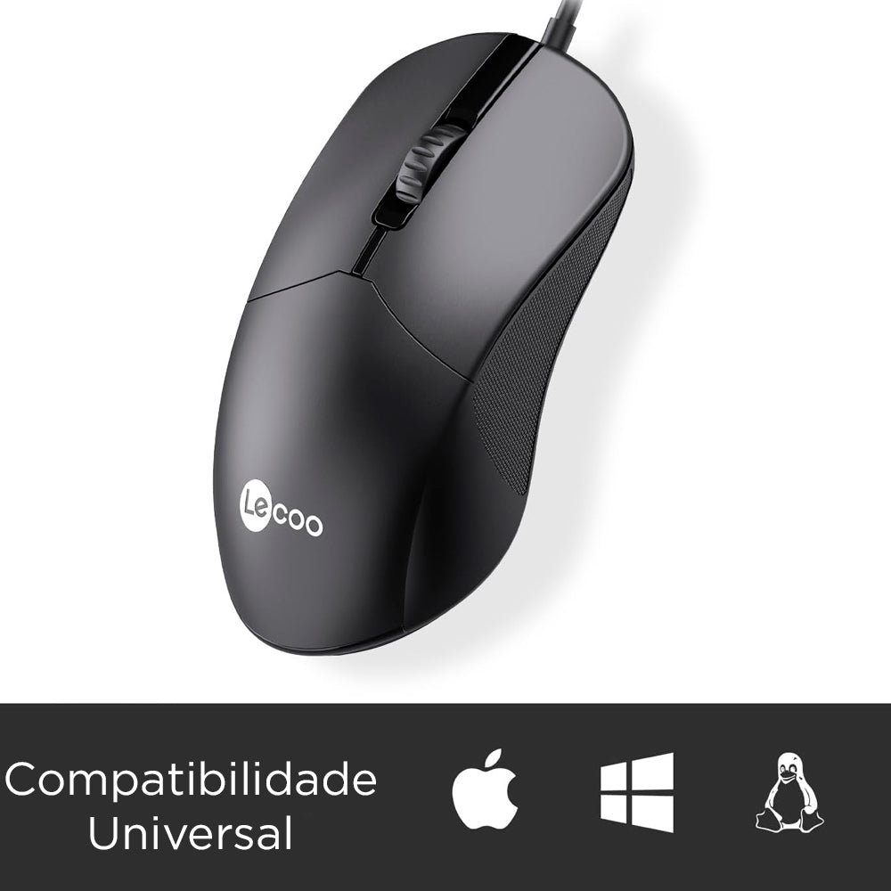 Mouse Com Fio USB, Lenovo Lecoo, 1.200 DPI, M1102, Ambidestro, Preto