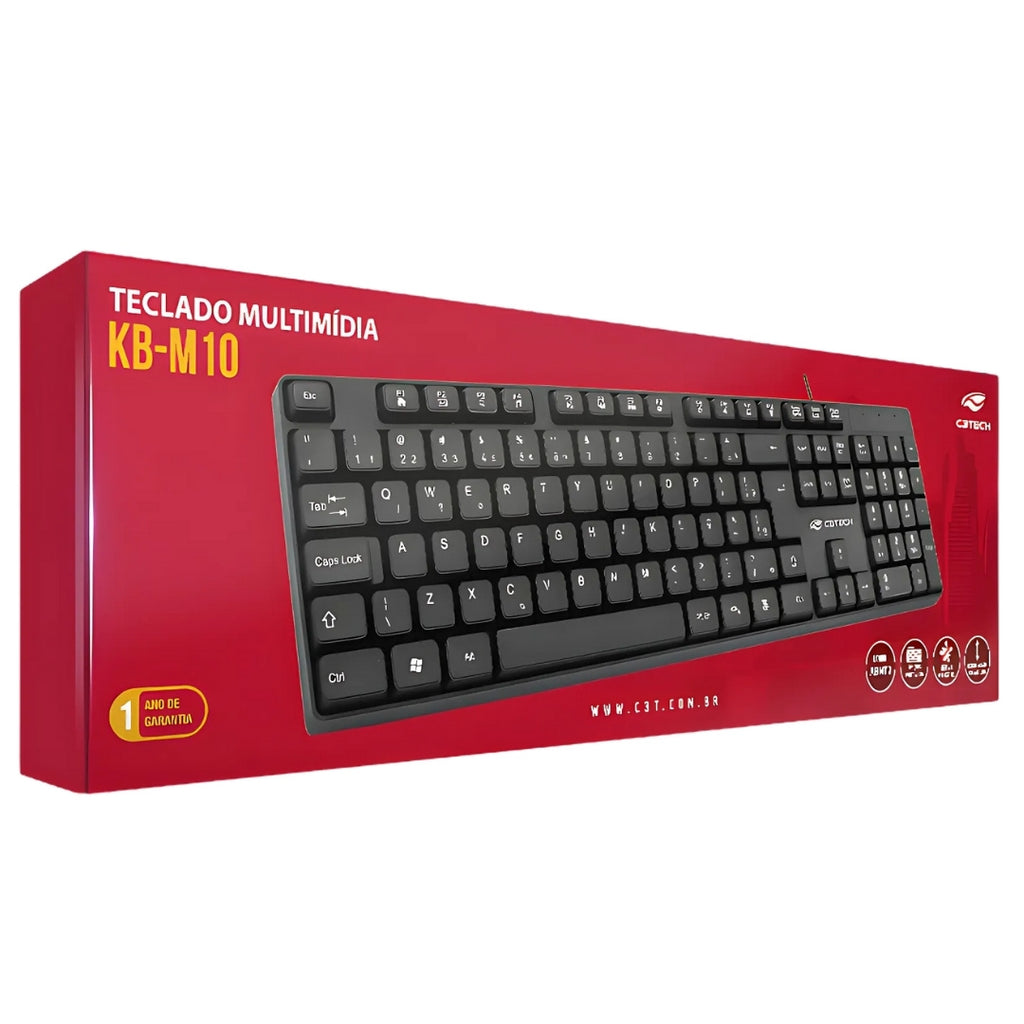 Teclado USB Multimídia KB-M10BK, ABNT2, Plug And Play, Regulagem de Altura, C3Tech - Preto