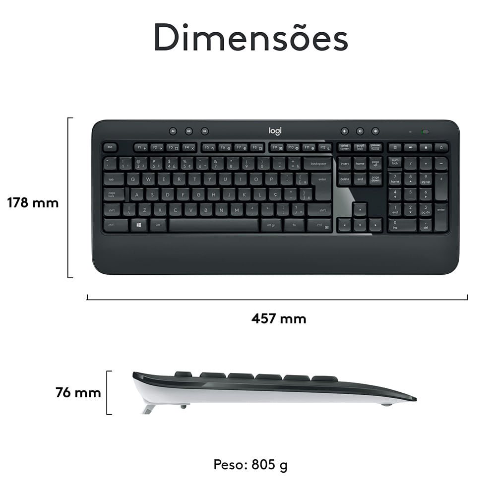 Kit Teclado e Mouse Sem Fio Logitech MK540 Advanced, USB Nano, ABNT2, Mouse Óptico Ambidestro, 2.4 GHz, C/ Pilhas, Preto