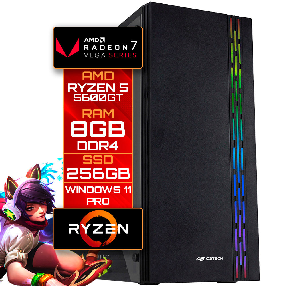 Computador Gamer Ryzen 5 5600GT, Vega 7, RAM 8GB DDR4, SSD 256GB, Windows 11 Pro