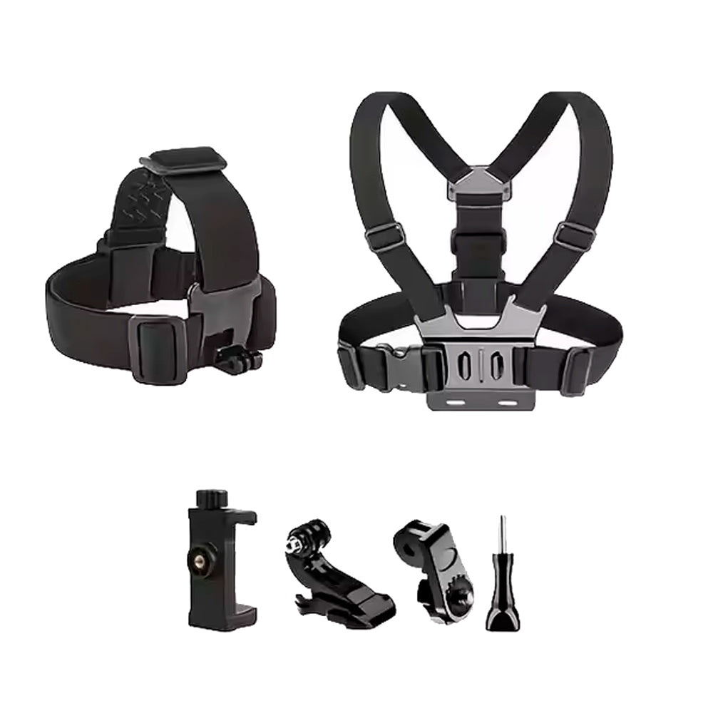 Kit Suporte Para Celular e Câmeras GoPro, 6 Peças, Suporte de Peito e Cabeça, Ajustável, Estabilidade Reforçada, Preto