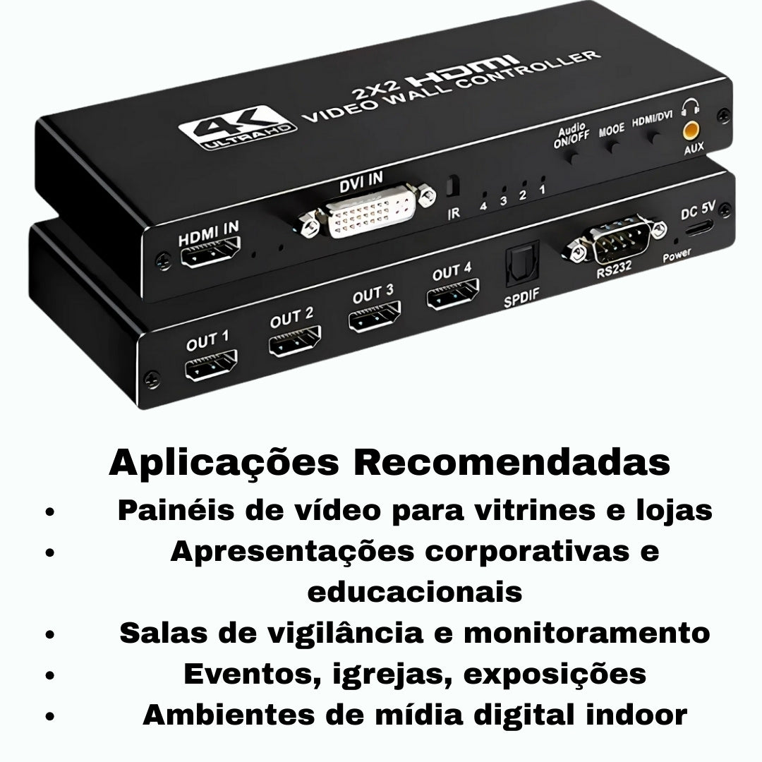 Controlador Vídeo Wall 2x2, Até 4K Full HD, HDMI, Divide 1 Imagem em 4 Telas, Fácil Instalação - Preto