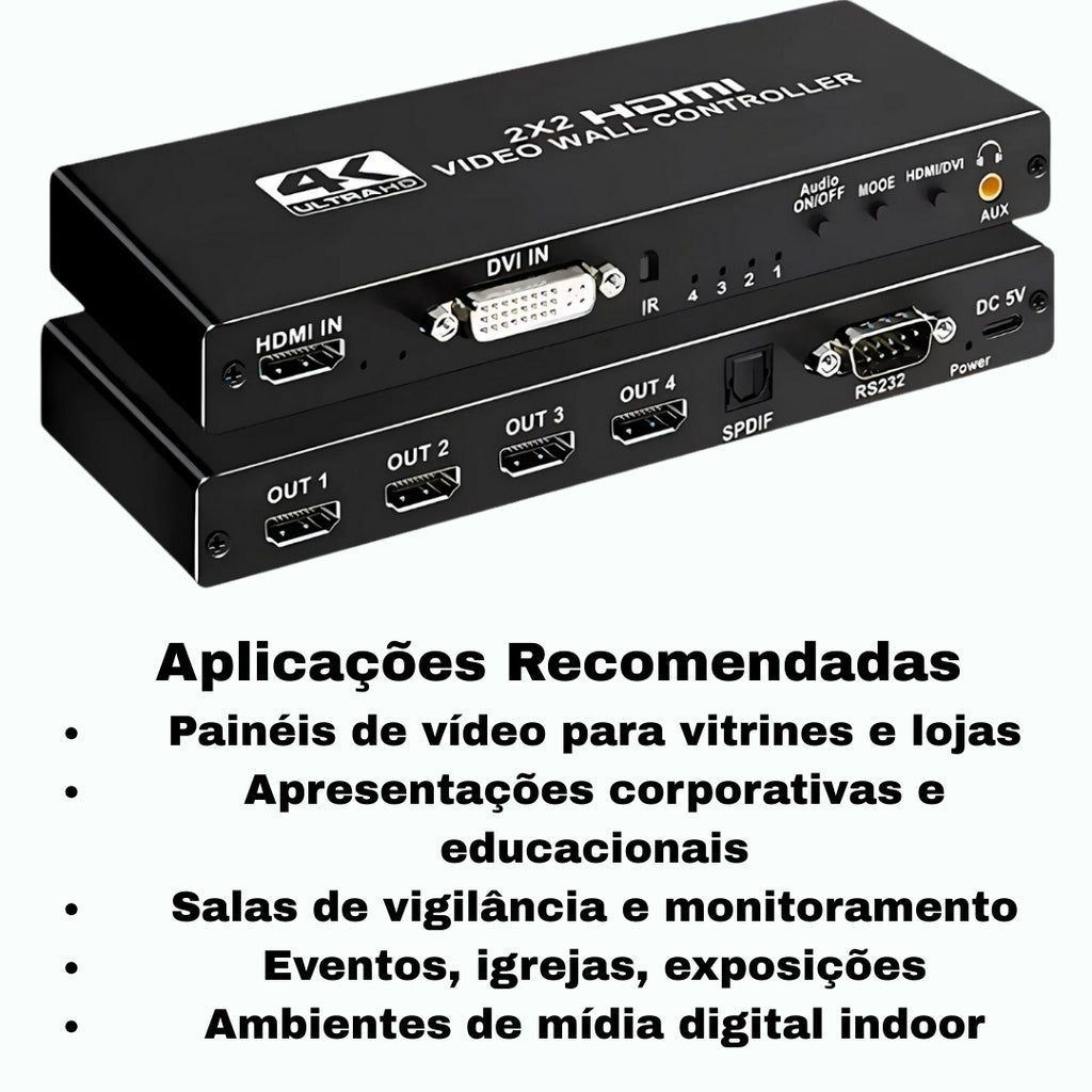 Controlador Vídeo Wall 2x2, Até 4K Full HD, HDMI, Divide 1 Imagem em 4 Telas, Fácil Instalação - Preto