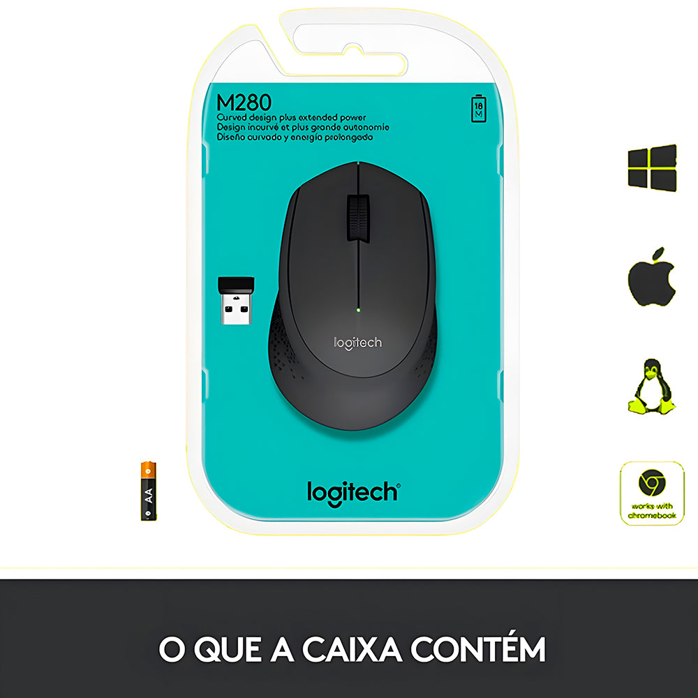 Mouse Wireless Logitech, M280, Com Conexão USB e Pilha Inclusa, 1.000 DPI, Preto