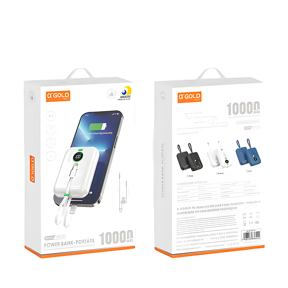 Carregador Portátíi, Power Bank, 10.000mah, Carregamento Turbo, A'Gold, BTE-15, Branco