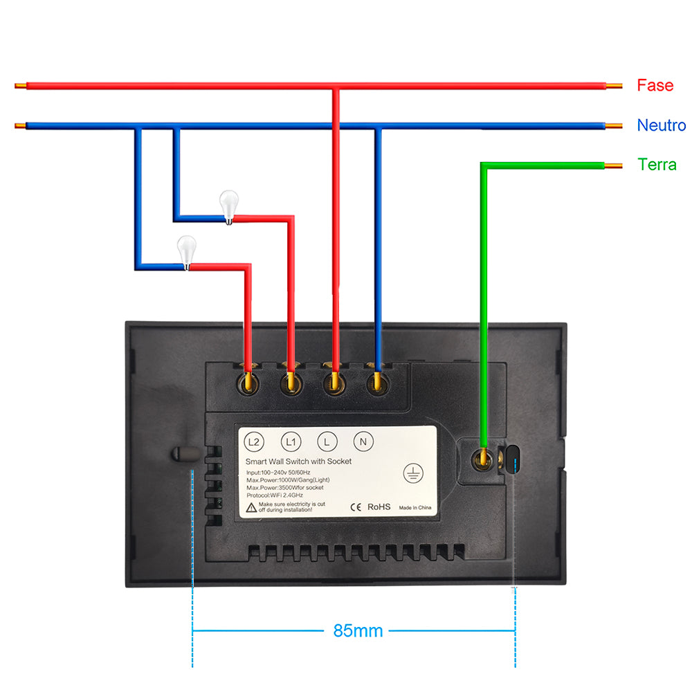 Interruptor Inteligente, Com Tomada, 2 Botões Touch, Wi-Fi, Compatível Com Alexa e Google Home, Avatto, Preto