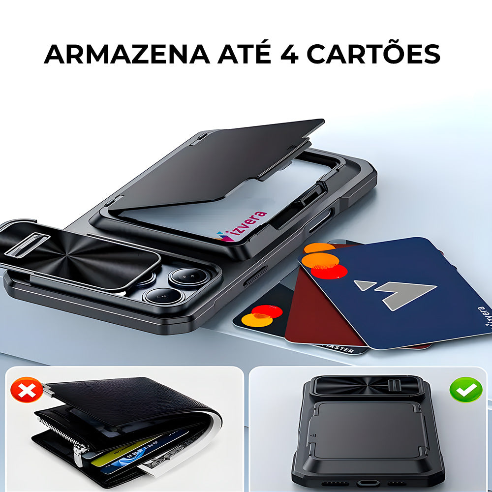 Capa Resistente Para iPhone 16 Pro Max, Com Porta Cartões, Slider Proteção Câmera, Preto