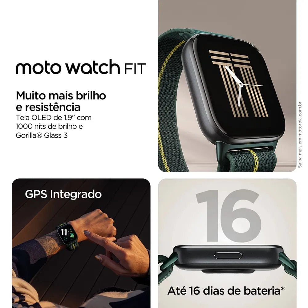Smartwatch Motorola Moto Watch Fit, Tela OLED 1.9”, GPS 5ATM Integrado, Bluetooth, Bateria até 16 dias - Verde