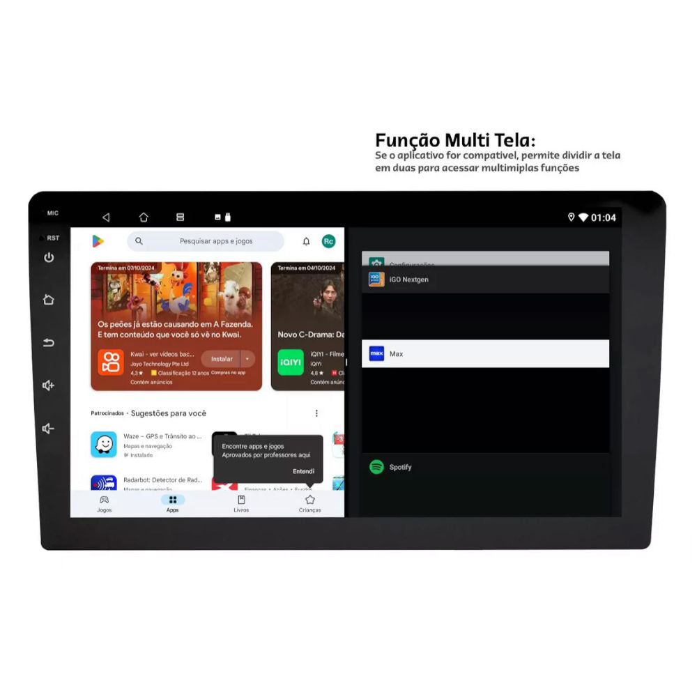 Central Multimídia Adak 9" PLAY-2964/G2 Quad-Core, 2GB DDR3, 32GB, Bluetooth, Tela QLED 1280x720 HD, G2 Play, Preto