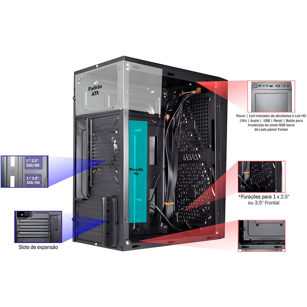 Gabinete Gamer Kmex CG15NX, Rainbow, Mini-Tower, Lateral Acrilico, Preto, CG15NXRH0010B0X