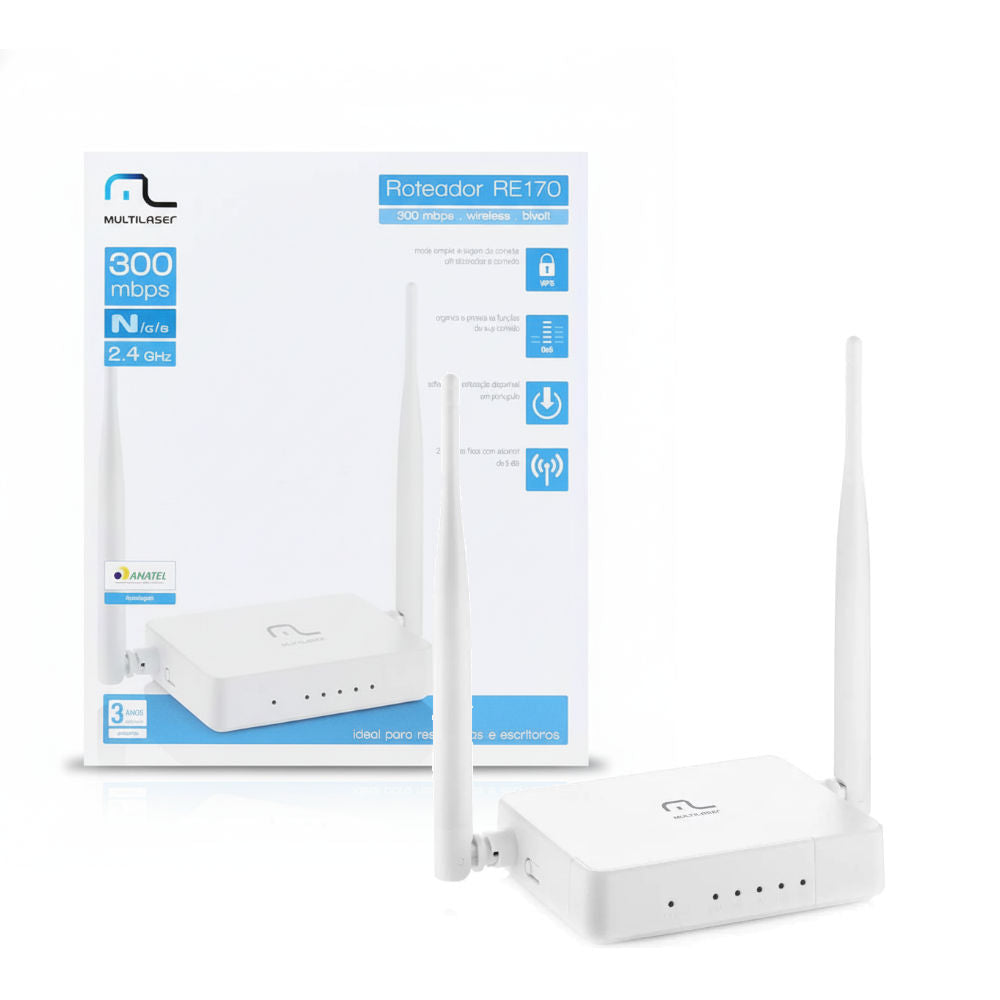 Roteador Multilaser RE170 300Mbps Wireless Bivolt 2.4GHz Homologado 2 Antenas Fixas Com Alcance de 5dBi
