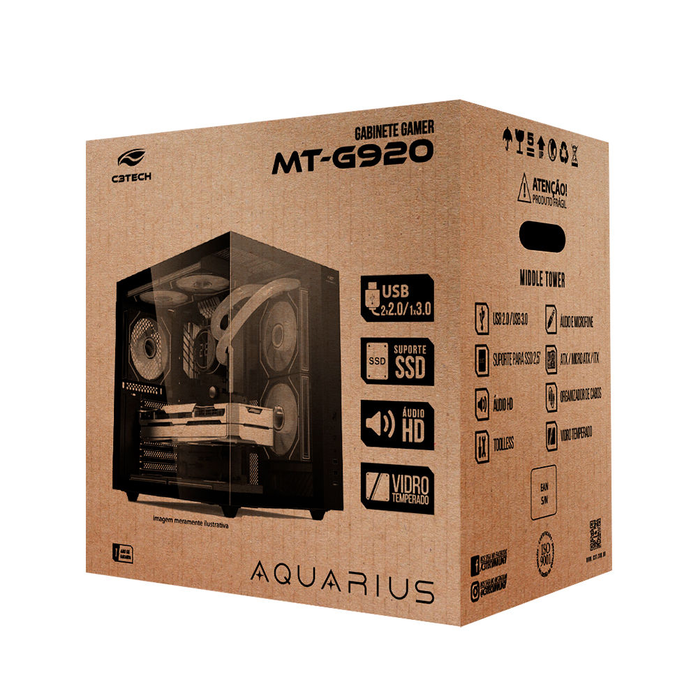Gabinete Gamer Aquário C3Tech MT-G920BK, Mid Tower, Vidro Temperado, Suporte Water Cooler, Sem Fonte, Preto - Aquarius