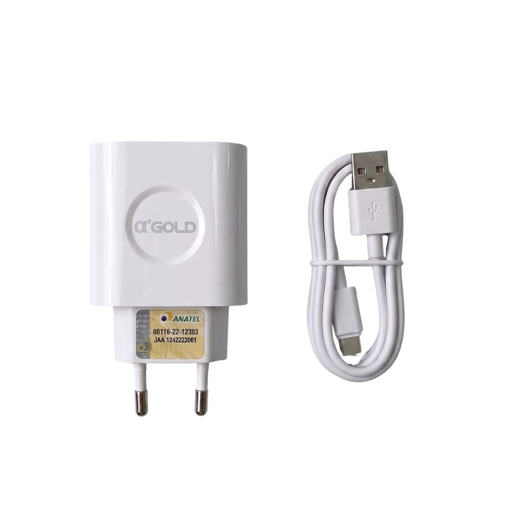 Carregador Rápido 5V Bivolt 2 Entradas USB com Cabo USB-C Universal A'Gold CA18-10, Branco