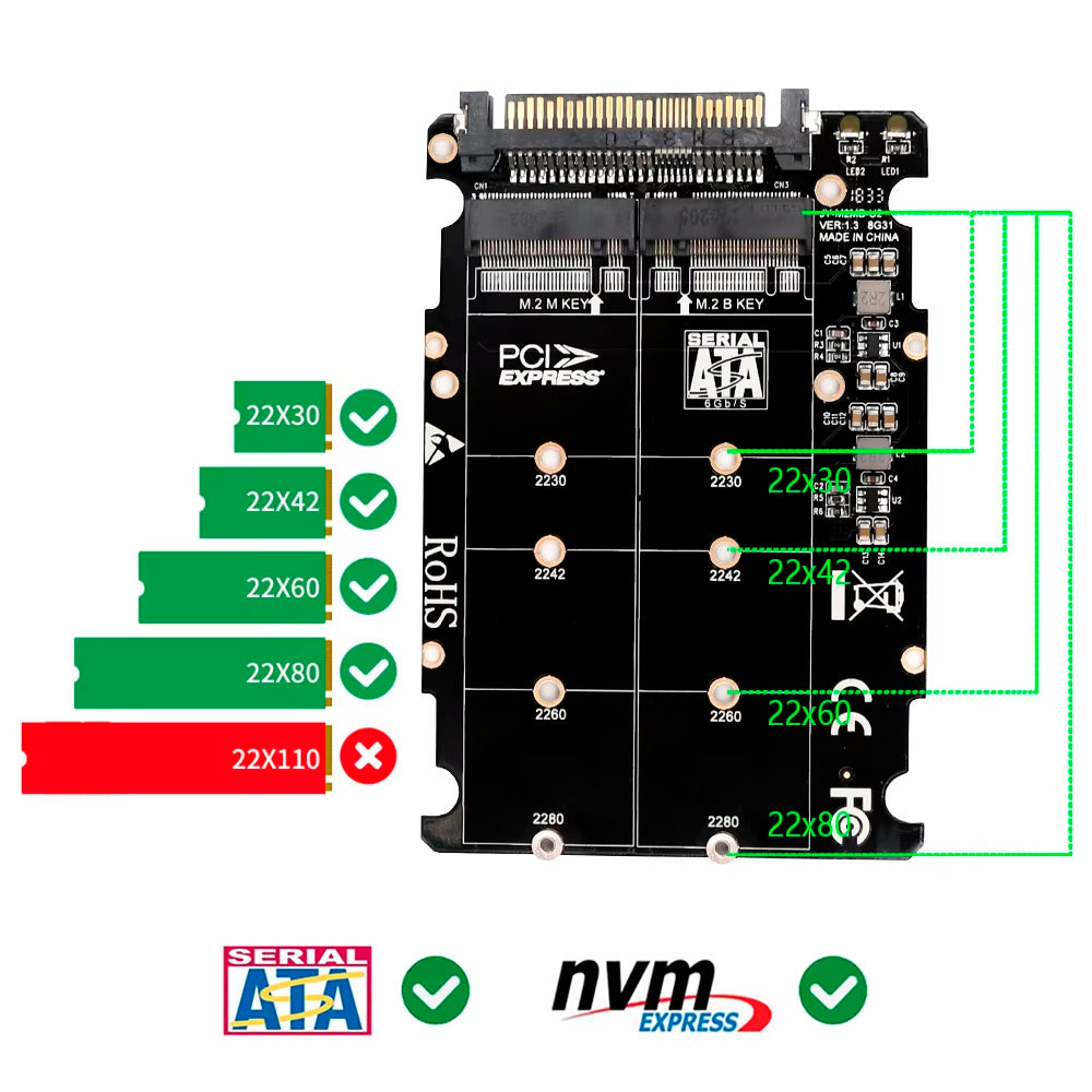 Placa Adadptadora 2 em 1, M.2 NVMe e M.2 SATA Para SSD U.2 - SFF-8639
