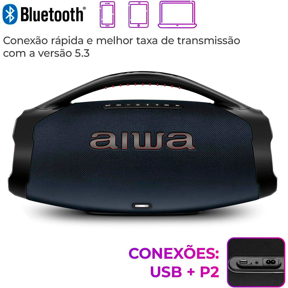 Caixa de Som Boombox Plus AIWA BBS-01-LBL , USB RGB, 200W RMS, IP66 Com Alça, 30h de Bateria, Bluetooth 5.3,TWS