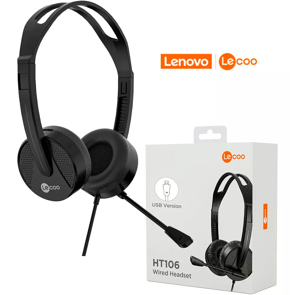Fone de Ouvido Lenovo Lecoo HT106 3,5mm Com Microfone Ajustável Para Chamadas de Voz, Versão USB