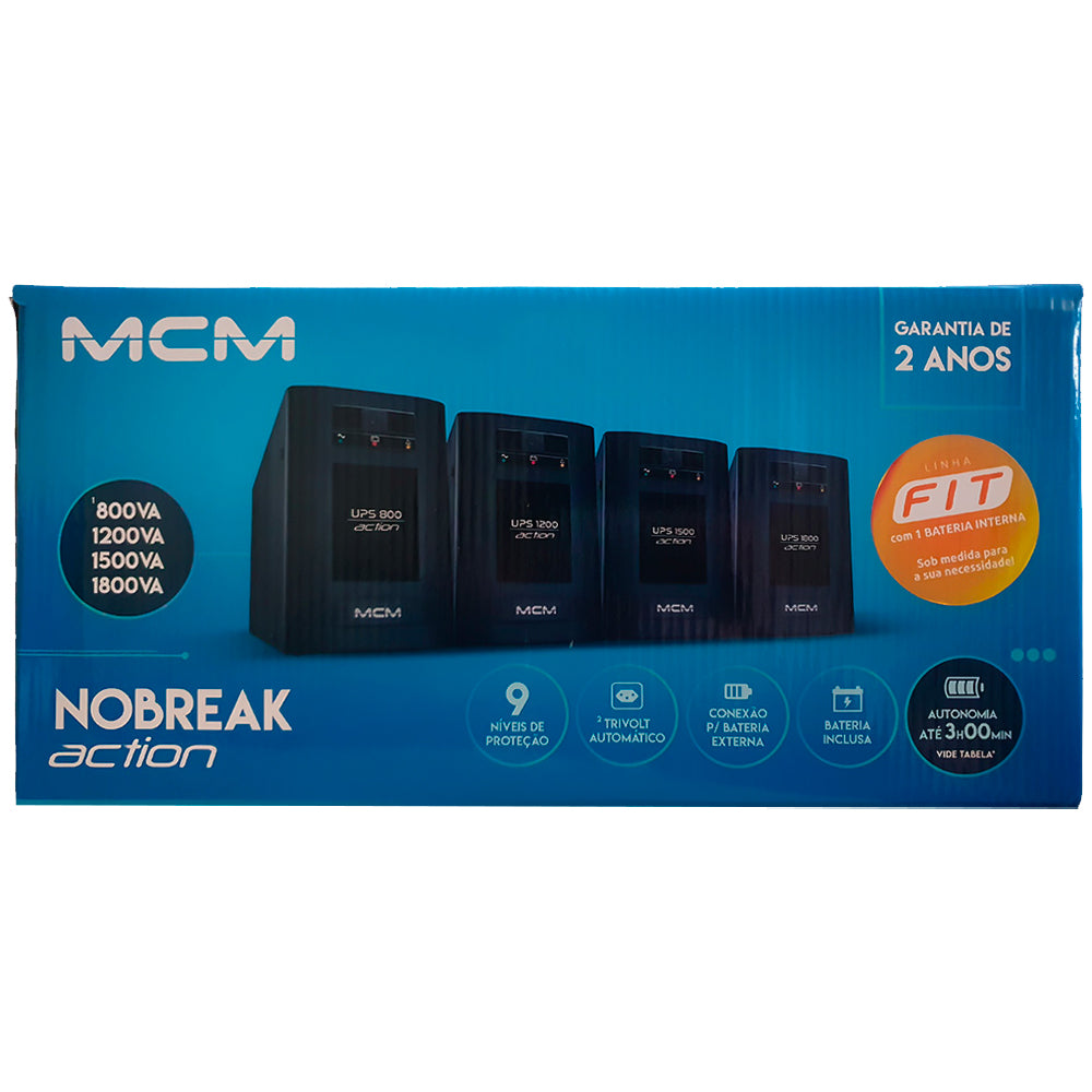 Nobreak MCM 1200VA UPS1200 ACTION FIT 3.1, 6 Tomadas, Trivolt/ 115V - UPS0257 - Com Suporte Para Bateria Estacionária