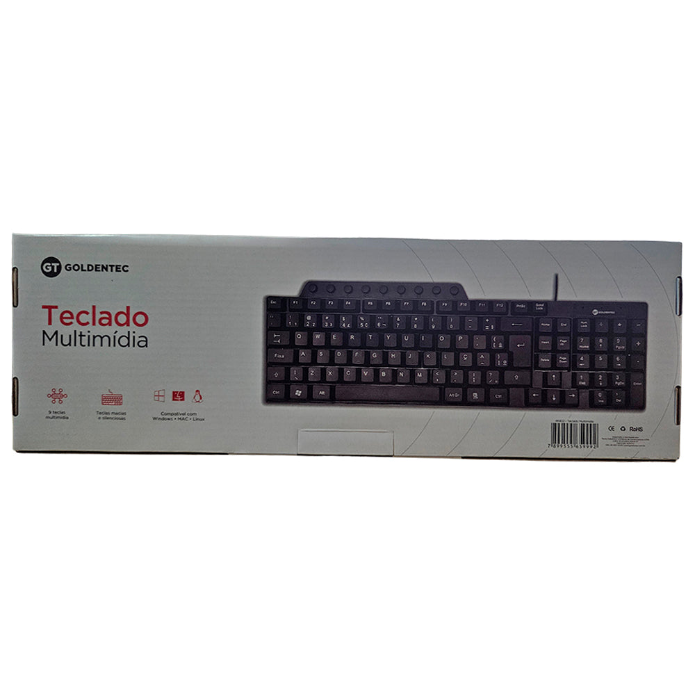 Teclado USB Multimídia Goldentec GT V3, ABNT2 com 105 Teclas, 9 Atalhos Multimídia, Cabo 1,2m - Preto
