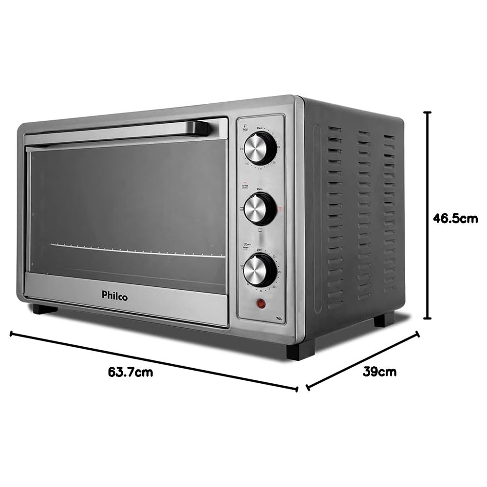 Forno Elétrico Philco PFE70I 70L Inox 220V Timer 60min Controle Temperatura 90-230°C Bancada com Grelha e Assadeira