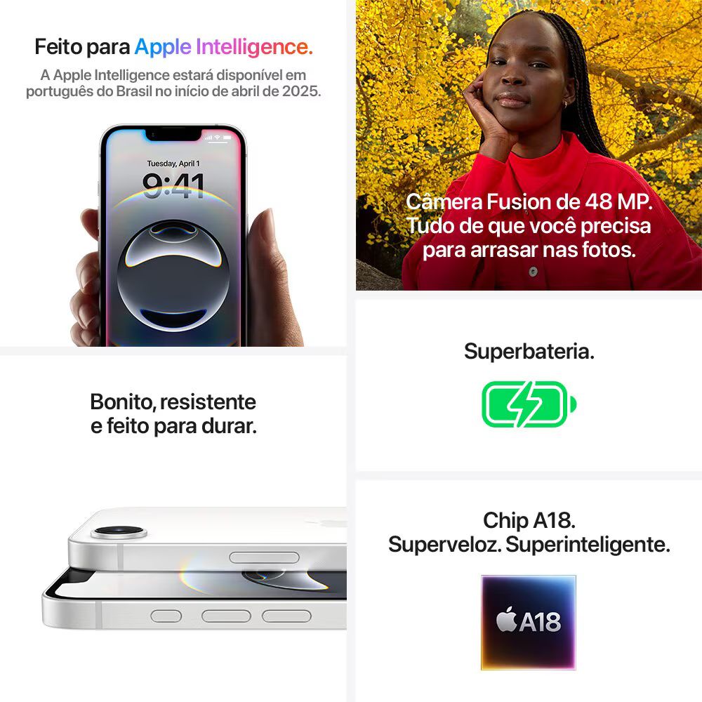 Apple iPhone 16e 256GB Preto Tela 6.1" Câmera 48MP MD1T4BR