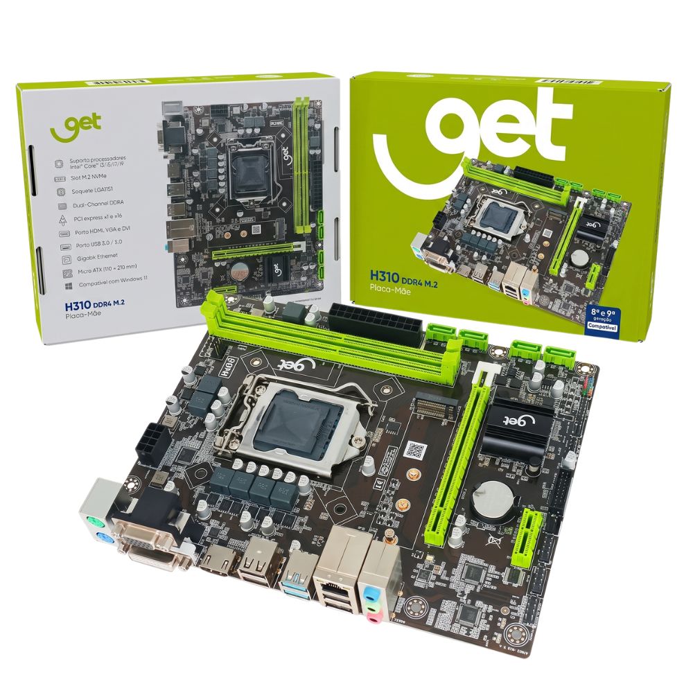 Placa-Mãe Get H310M DDR4 M2 LGA 1151, Suporte Intel 8° a 9° Geração, SATA, NVMe, HDMI, USB 3.0, Micro ATX
