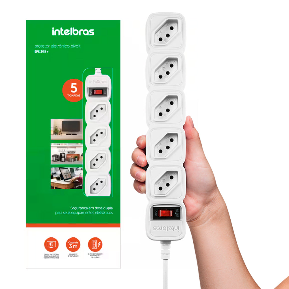 Protetor Filtro de Linha Intelbras EPE 205+, 5 Tomadas, Bivolt, Cabo 3 Metros, Branco