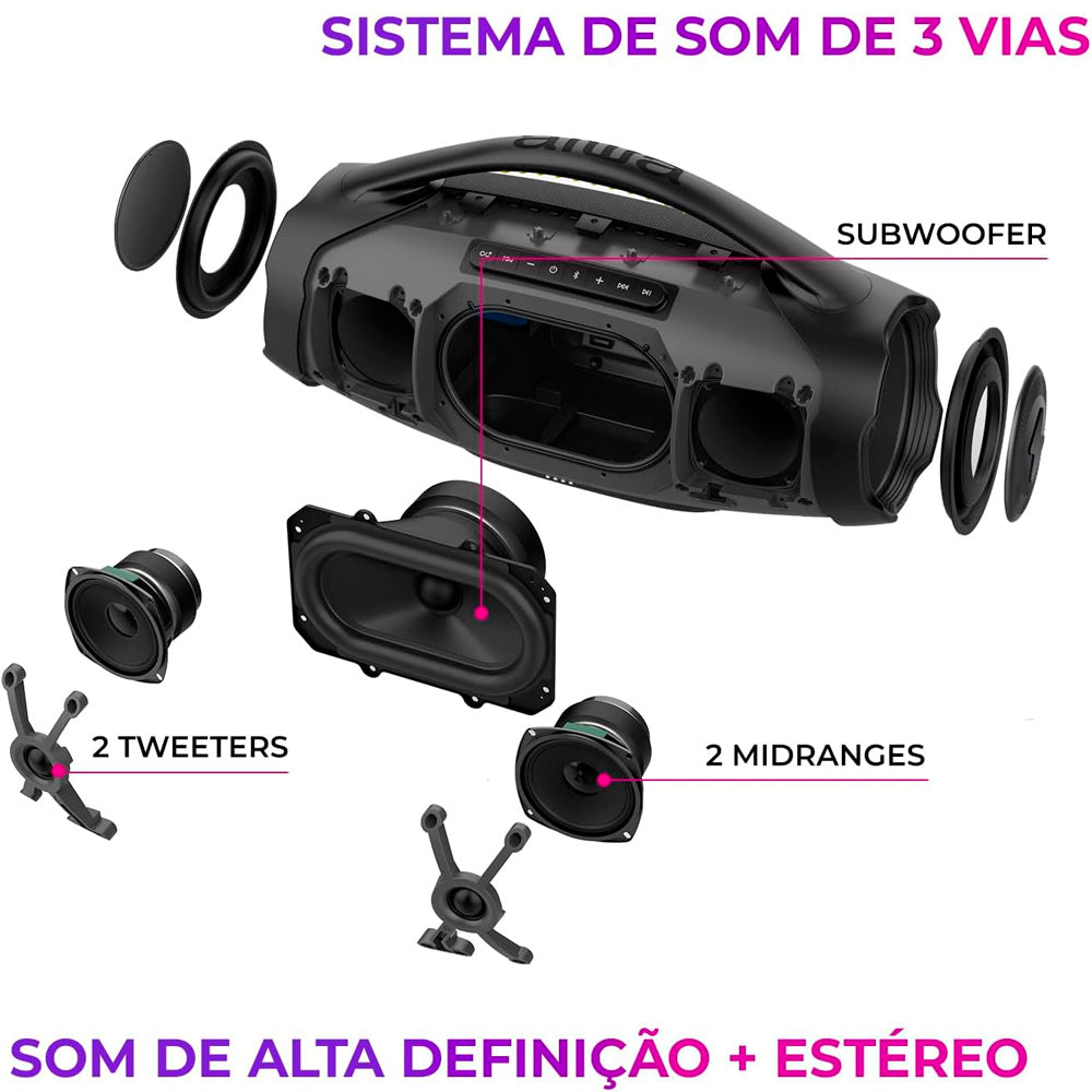 Caixa de Som Boombox Plus AIWA BBS-01-LBL , USB RGB, 200W RMS, IP66 Com Alça, 30h de Bateria, Bluetooth 5.3,TWS