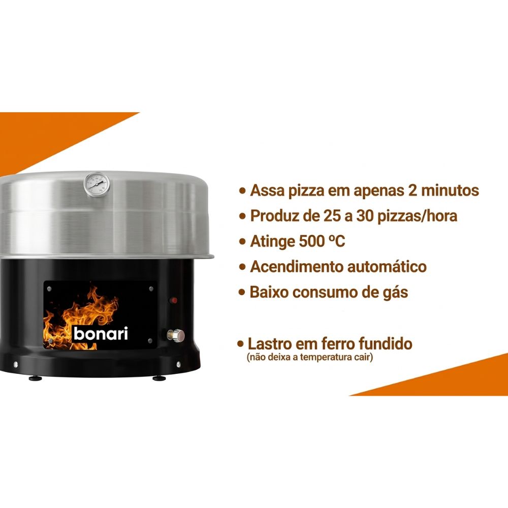 Forno de Pizza a Gás GLP BONARI B-350, Painel Mecânico, 1 Queimador, Preto