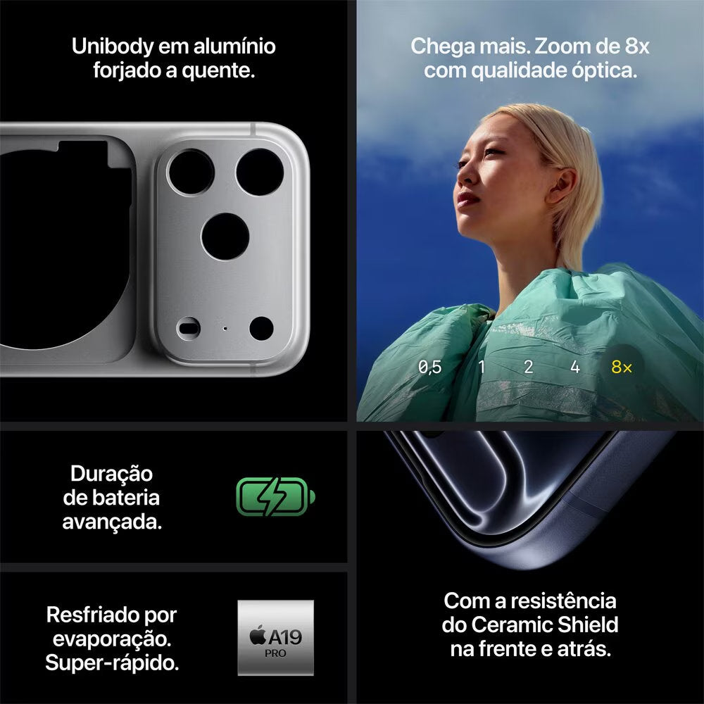 iPhone 17 Pro Max Apple 256GB Prateado, Chip A19 Pro, Tela 6.9" Super Retina XDR, Câmera 48MP, USB-C, 5G, MFYM4BE/A