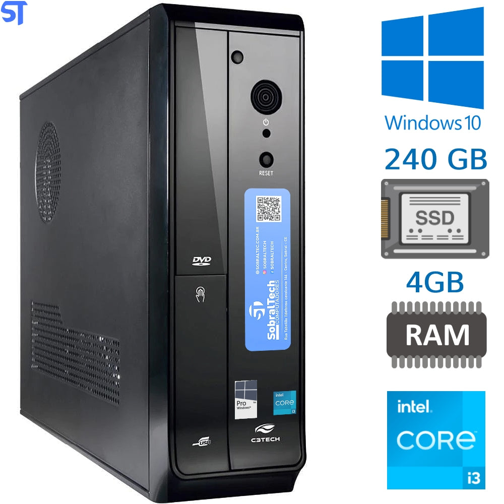 Computador Core I3 10th, 4GB  Memória Kings, SSD 240GB Kingston- Com Gabinete Slim Horizontal/Vertical e Mouse Pad Brind