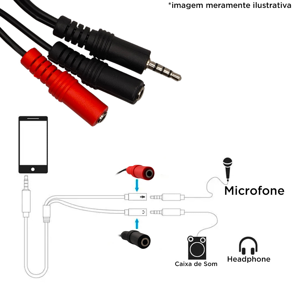 Cabo Adaptador Y, P2 ( 4C ) Macho, Para 2 P2 Fêmea, Fone e Microfone, StormTech